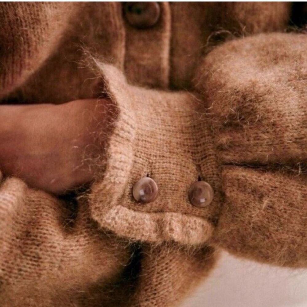 Sézane Mia Mohair La Maille Camel Brown Knit Cardigan XS Frill Ruffle Cuff - Picture 3 of 14